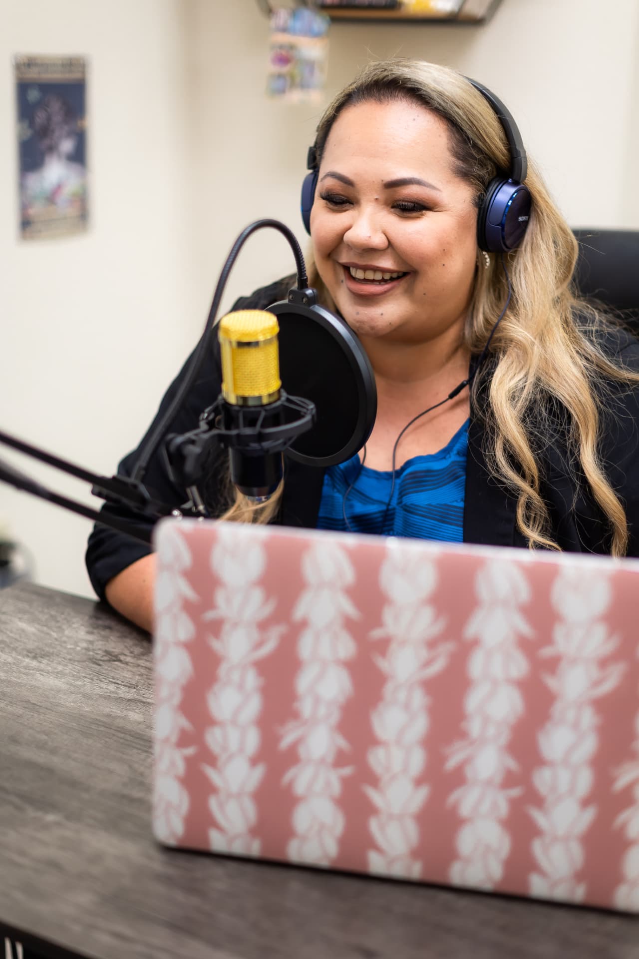 Trina Simeona recording the Kare For Kūpuna podcast